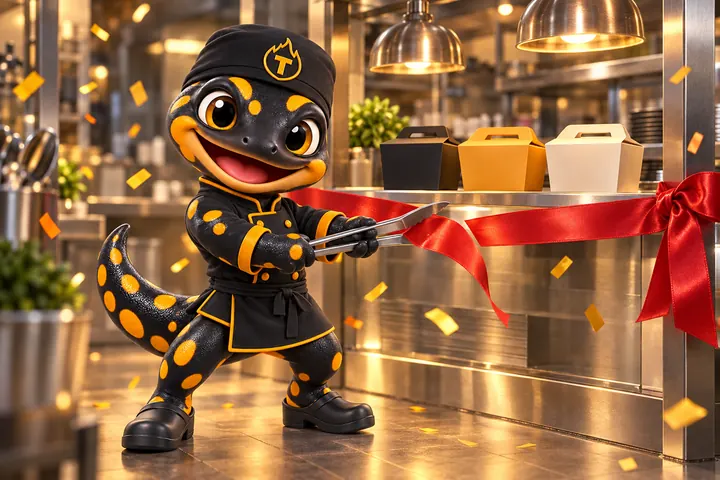Thyme, the salamander chef mascot, cutting a launch ribbon across a kitchen pass with three new takeout boxes behind