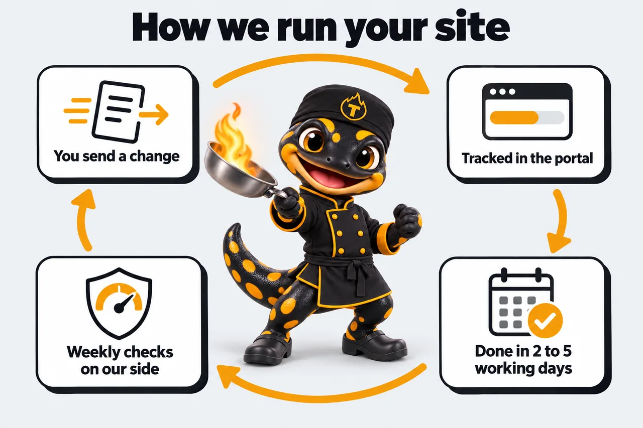 How we run your site: You send a change; Tracked in the portal; Done in 2 to 5 working days; Weekly checks on our side. Thyme flips his pan in the middle of the loop.