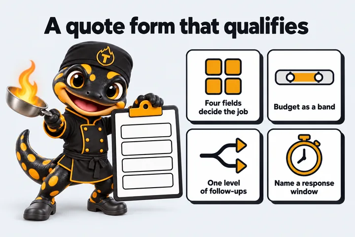 A quote form that qualifies: Four fields decide the job; Budget as a band; One level of follow-ups; Name a response window. Thyme holds up a clipboard form.