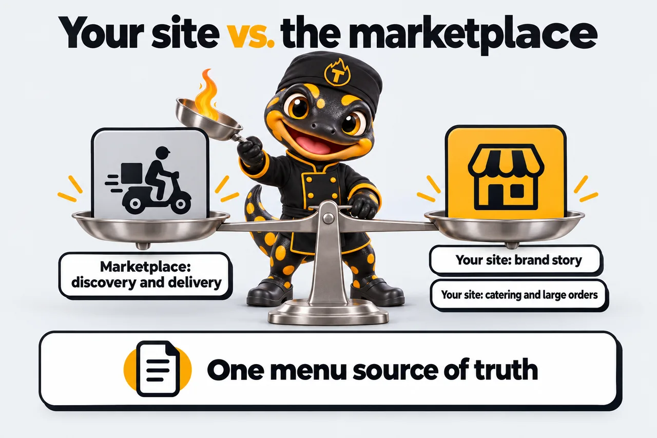 Your site vs. the marketplace: Marketplace: discovery and delivery; Your site: brand story; Your site: catering and large orders; One menu source of truth. Thyme checks the balance of a kitchen scale.