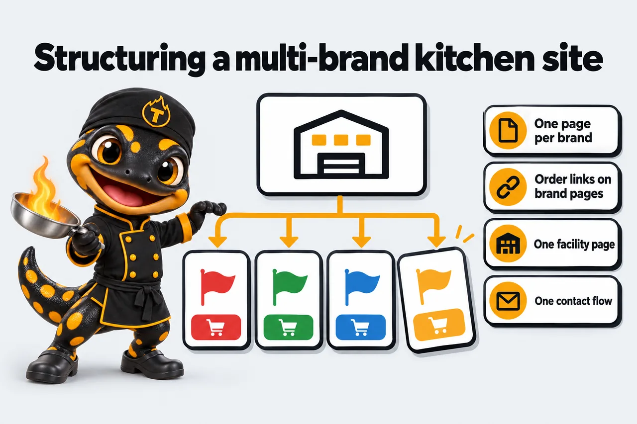 Structuring a multi-brand kitchen site: One page per brand; Order links on brand pages; One facility page; One contact flow. Thyme lifts a brand page into the site tree.