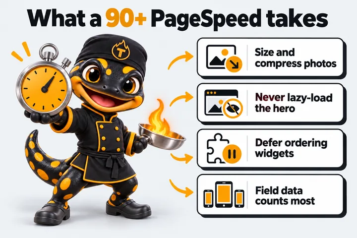 What a 90+ PageSpeed takes: Size and compress photos; Never lazy-load the hero; Defer ordering widgets; Field data counts most. Thyme holds up a stopwatch.