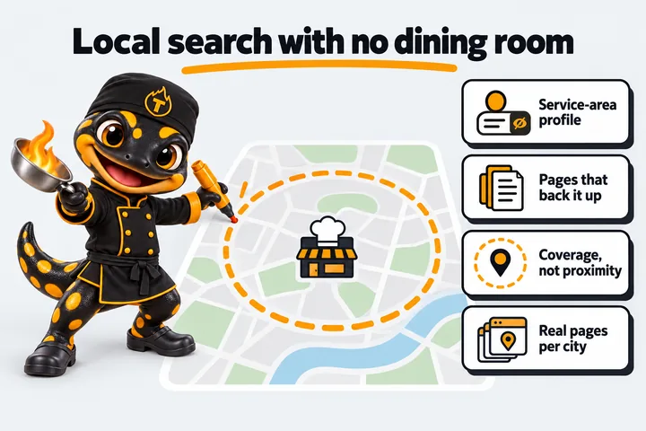 Local search with no dining room: Service-area profile; Pages that back it up; Coverage, not proximity; Real pages per city. Thyme draws a delivery radius with a marker.