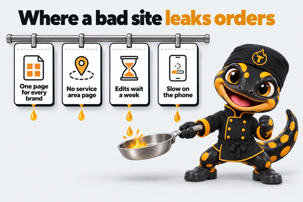 Where a bad site leaks orders: One page for every brand; No service area page; Edits wait a week; Slow on the phone. Thyme catches the leaking orders in his pan.
