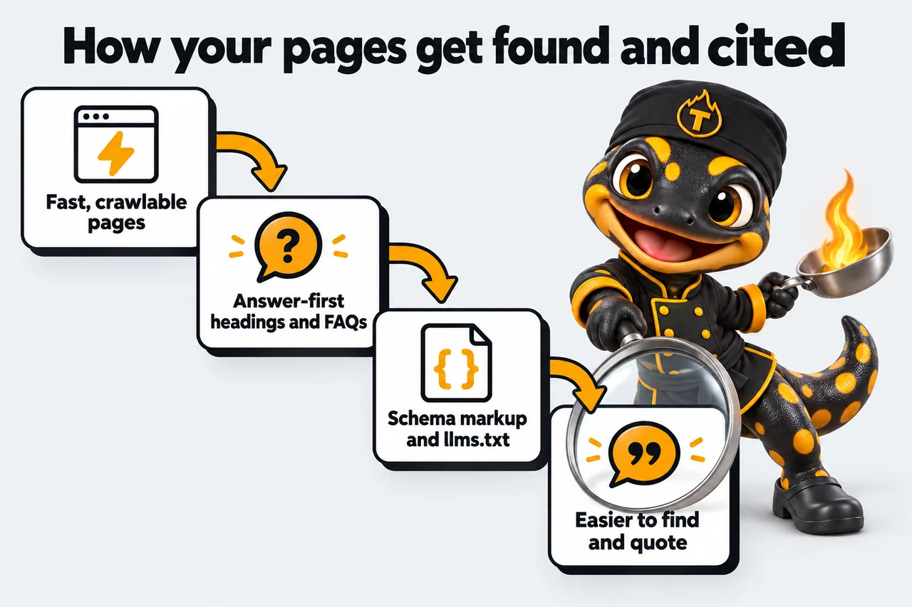 How your pages get found and cited: Fast, crawlable pages; Answer-first headings and FAQs; Schema markup and llms.txt; Easier to find and quote. Thyme holds a magnifying glass over the last step.