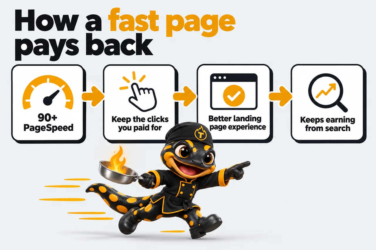 How a fast page pays back: 90+ PageSpeed; Keep the clicks you paid for; Better landing page experience; Keeps earning from search. Thyme runs along the chain pointing ahead.