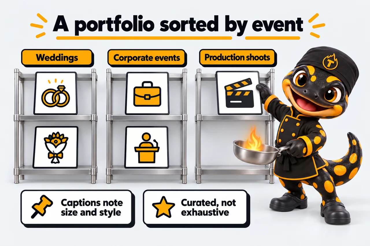 A portfolio sorted by event: Weddings; Corporate events; Production shoots; Captions note size and style; Curated, not exhaustive. Thyme places a framed card on a shelf.