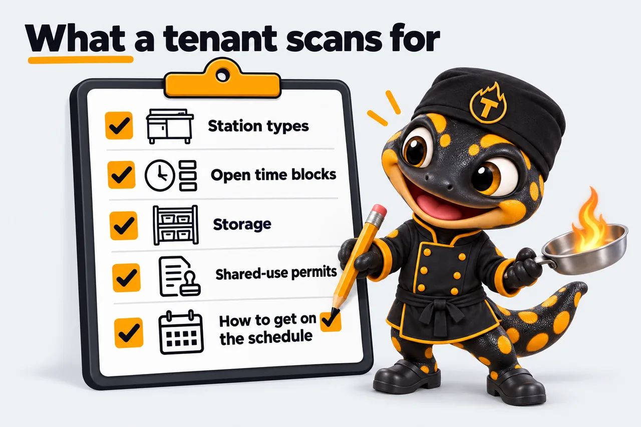 What a tenant scans for: Station types; Open time blocks; Storage; Shared-use permits; How to get on the schedule. Thyme ticks a clipboard spec sheet.
