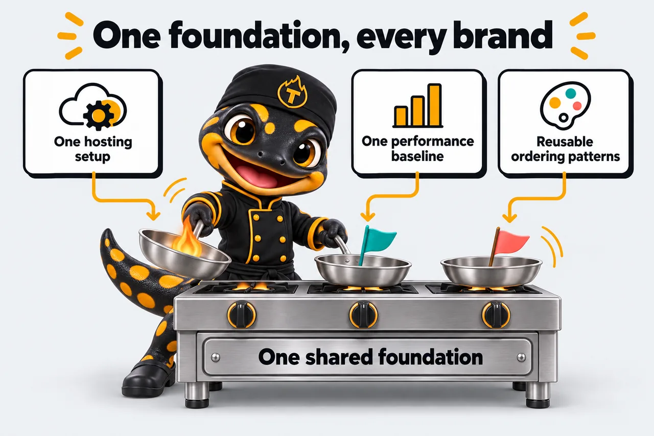 One foundation, every brand: one hosting setup, one performance baseline and reusable ordering patterns feed one shared foundation. Thyme works three pans on one range, each brand with its own color flag.