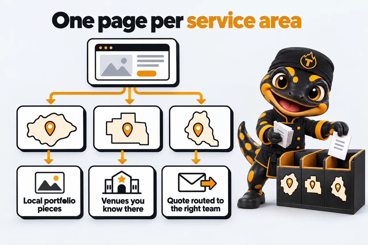 One page per service area: Local portfolio pieces; Venues you know there; Quote routed to the right team. Thyme sorts tickets into three area cubbies.