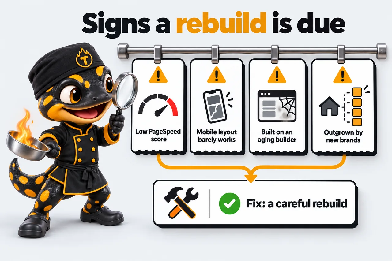 Signs a rebuild is due: Low PageSpeed score; Mobile layout barely works; Built on an aging builder; Outgrown by new brands; Fix: a careful rebuild. Thyme inspects the tickets with a magnifying glass.