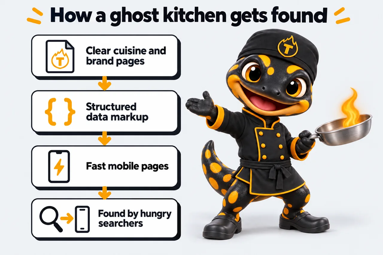 How a ghost kitchen gets found: Clear cuisine and brand pages; Structured data markup; Fast mobile pages; Found by hungry searchers. Thyme points along the chain.