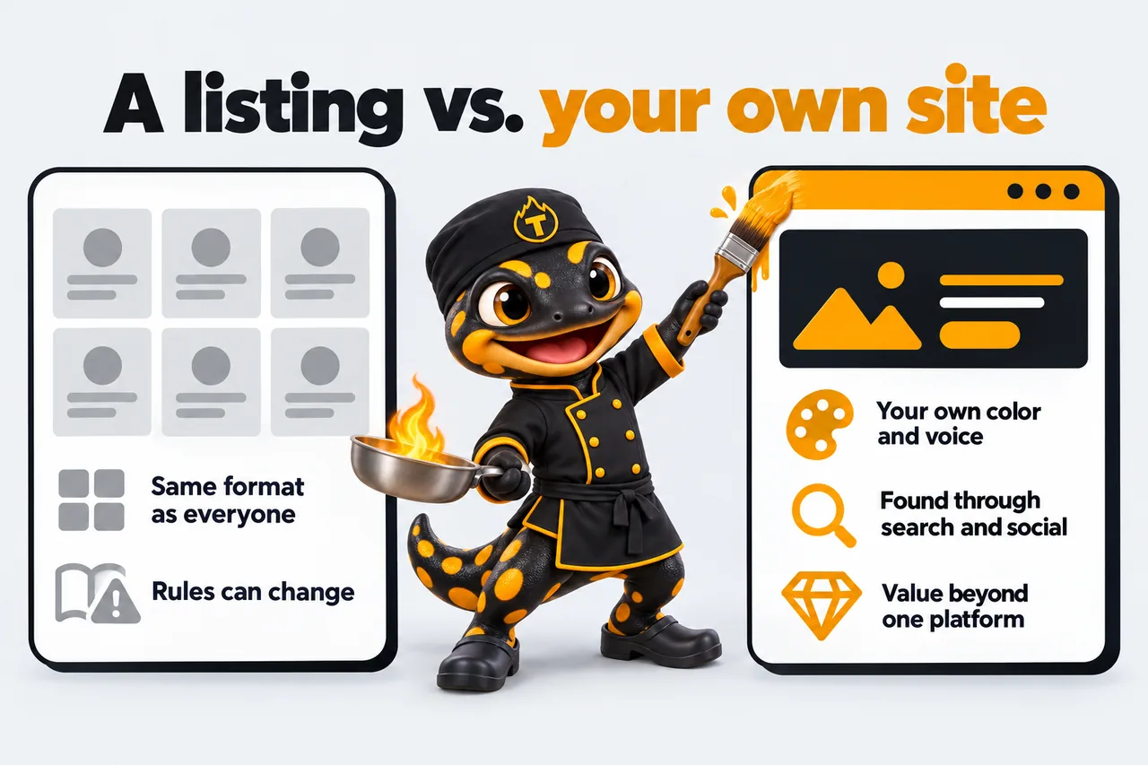 A listing vs. your own site: Listing: same format as everyone, rules can change; Your site: your own color and voice, found through search and social, value beyond one platform. Thyme paints the website card amber.