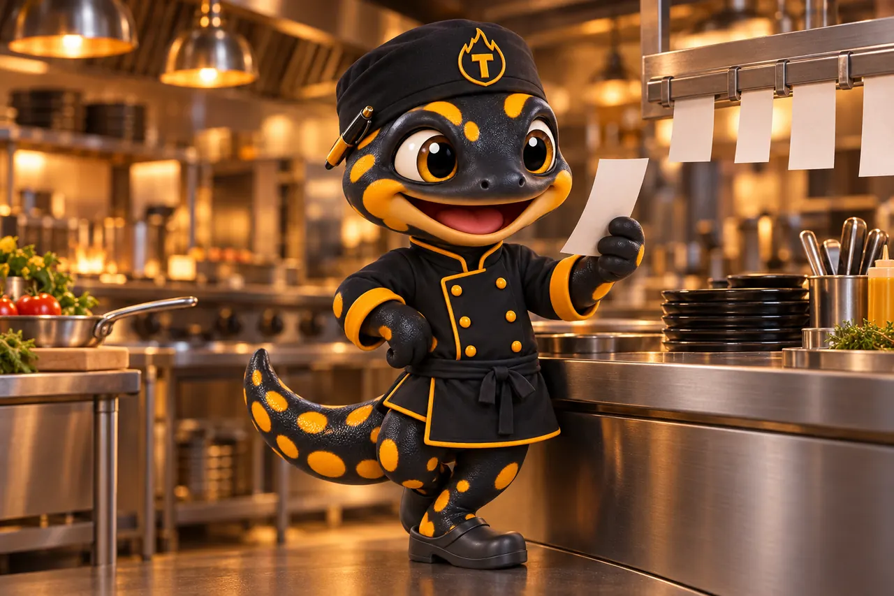 Thyme, the salamander chef mascot, reading an order ticket pulled from the rail with a pen tucked in his cap