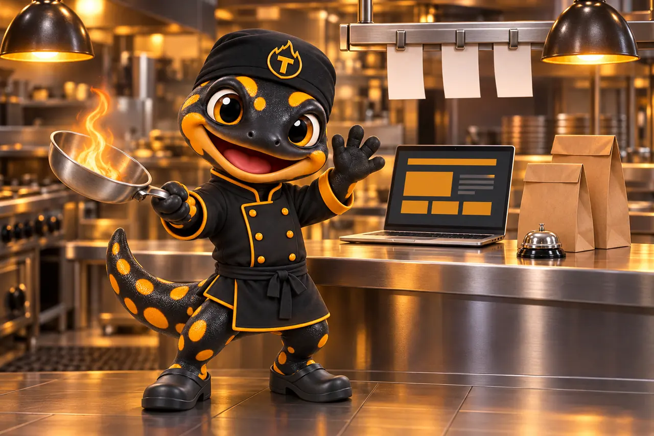 Thyme, the salamander chef mascot, waving from the kitchen pass beside a laptop showing a website layout, with takeout bags and a service bell