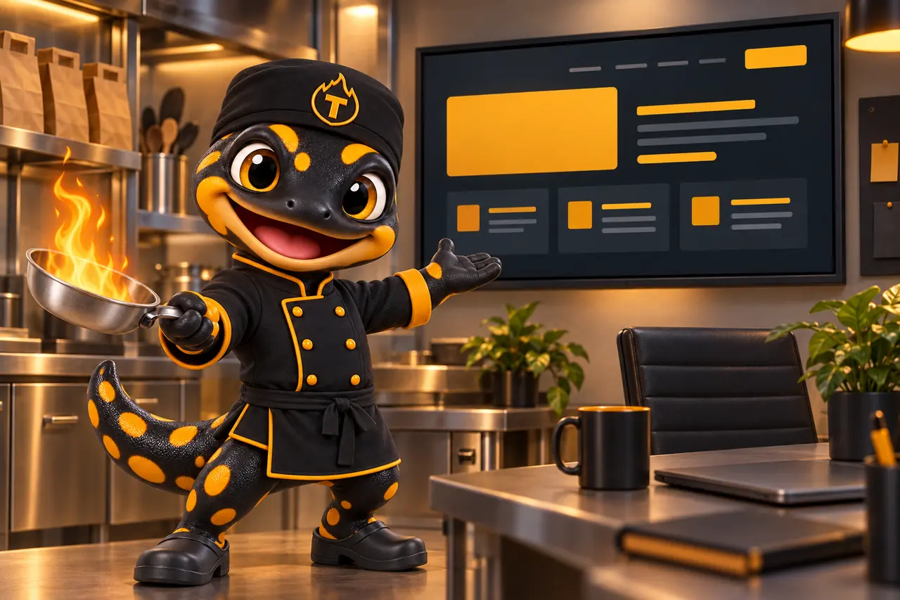 Thyme, the salamander chef mascot, presenting a kitchen website layout on a large wall screen
