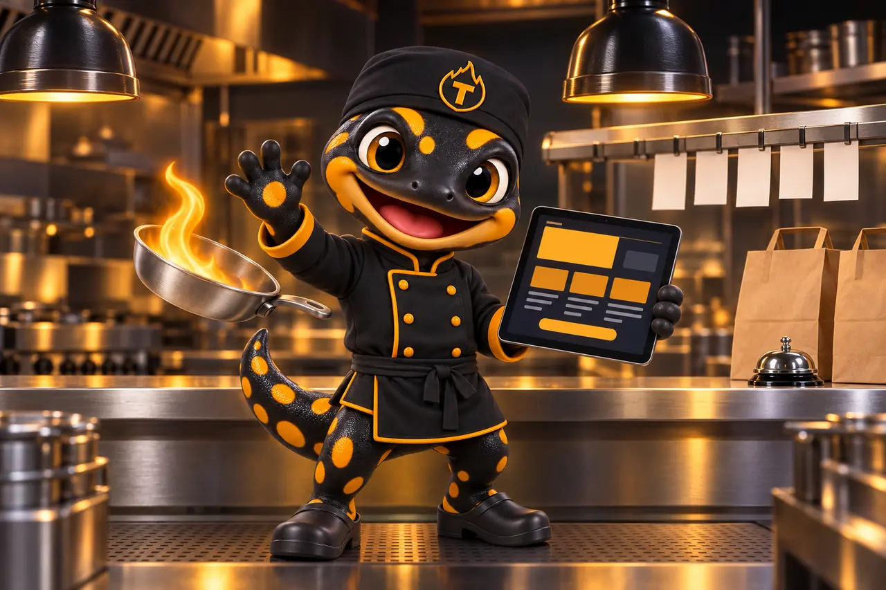 Thyme, the salamander chef mascot, waving from a kitchen pass and turning a tablet toward you that shows a website layout