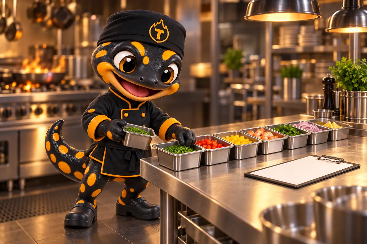 Thyme, the salamander chef mascot, setting out prep containers in a neat row beside a clipboard