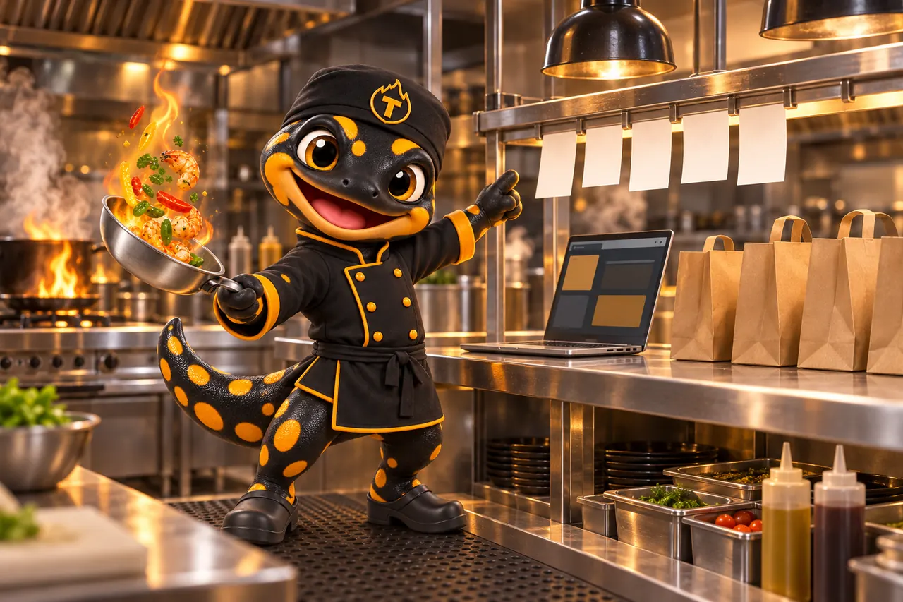 Thyme, the salamander chef mascot, working a kitchen pass with a laptop, a ticket rail and takeout bags ready to go